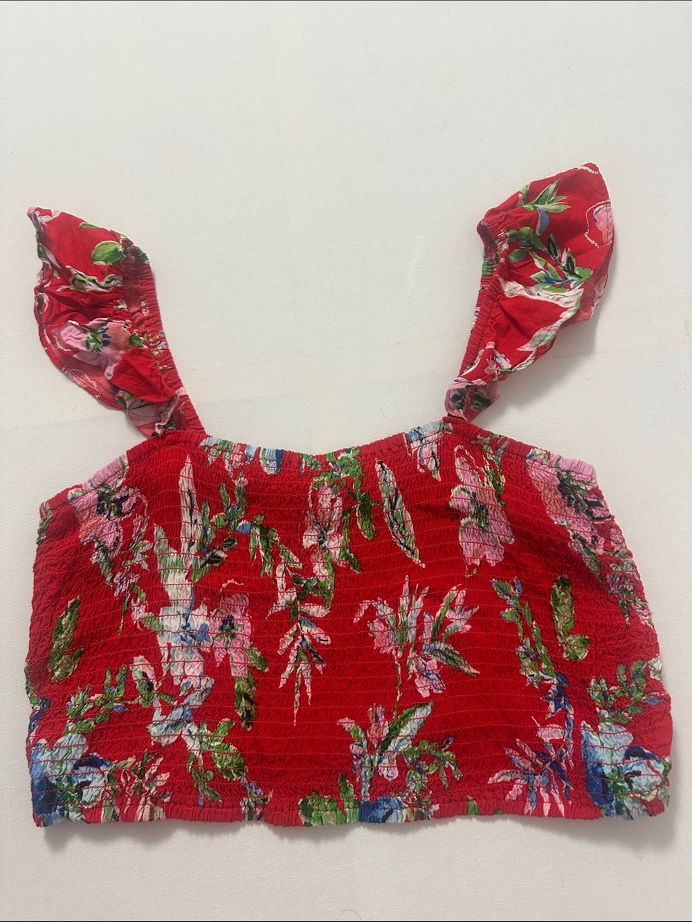 Floral Smocked Red Crop Top with Tie Straps